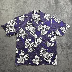 Winnie Fashion Hawaiian Shirt Mens Large Purple Fish Hibiscus Vintage 90s USA